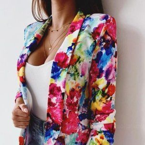 Pink Floral Lapel Detail Ruched Sleeve Blazer